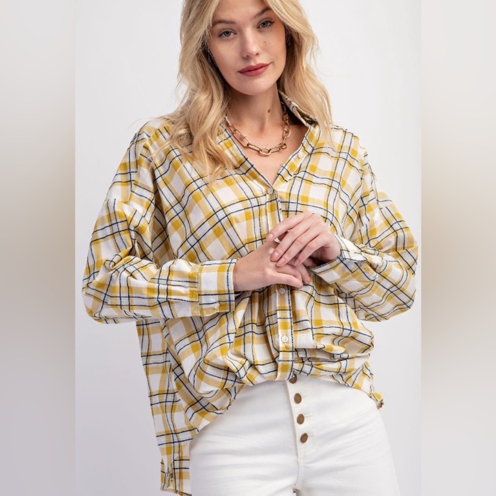 Easel Mustard White Checkered Button Down Shirt - Picture 2 of 3